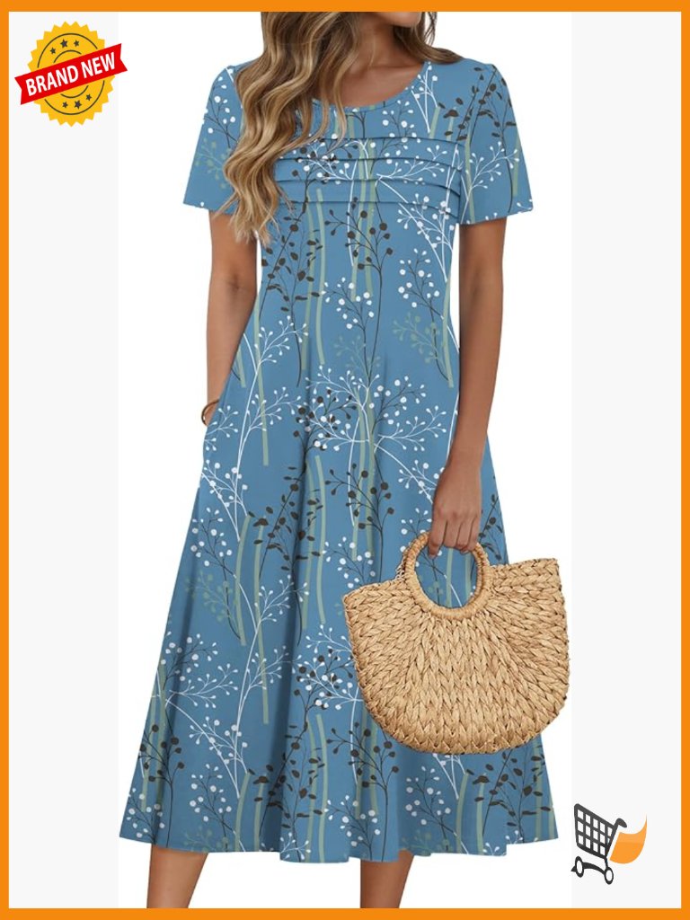 Women's Casual Flare Midi Dress With Pockets Short Sleeve Summer Sundress